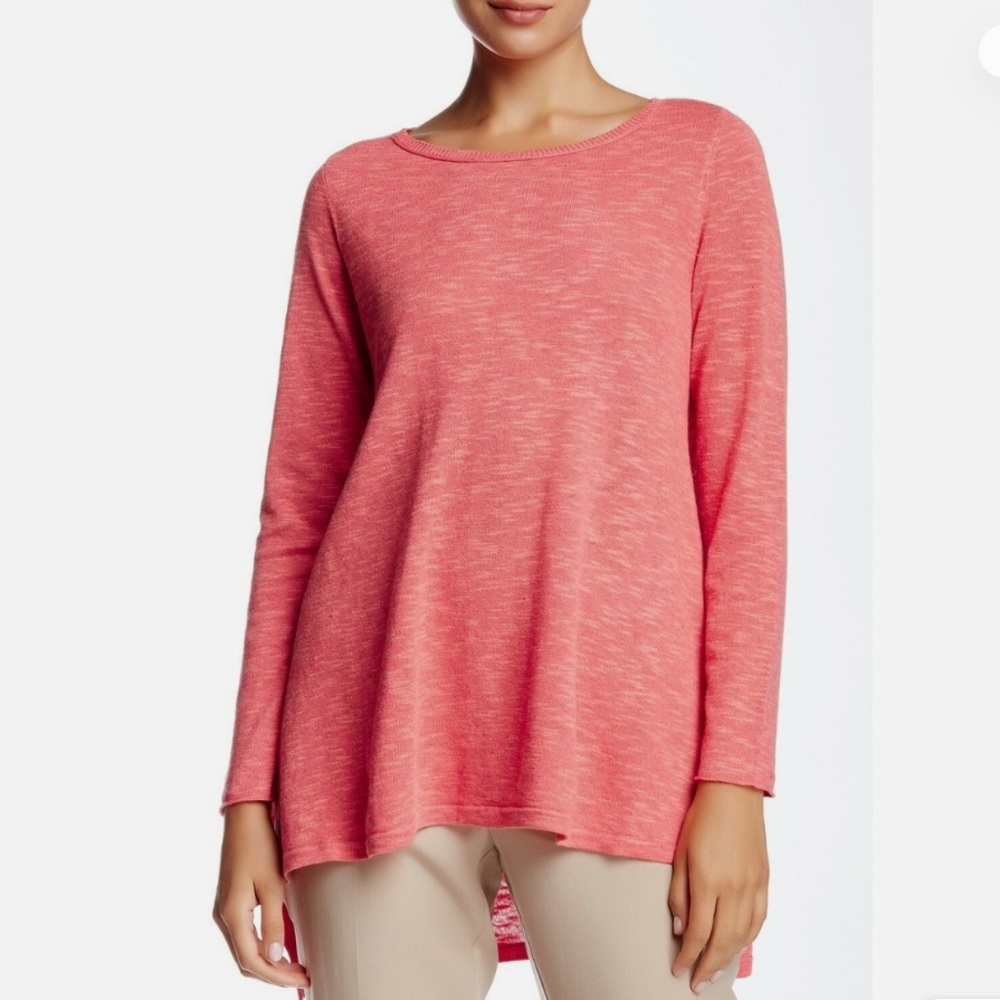 Eileen Fisher | Women’s Coral/Red Heather Boatneck Hi-Low 3/4 Sleeve Sweater, Xl
